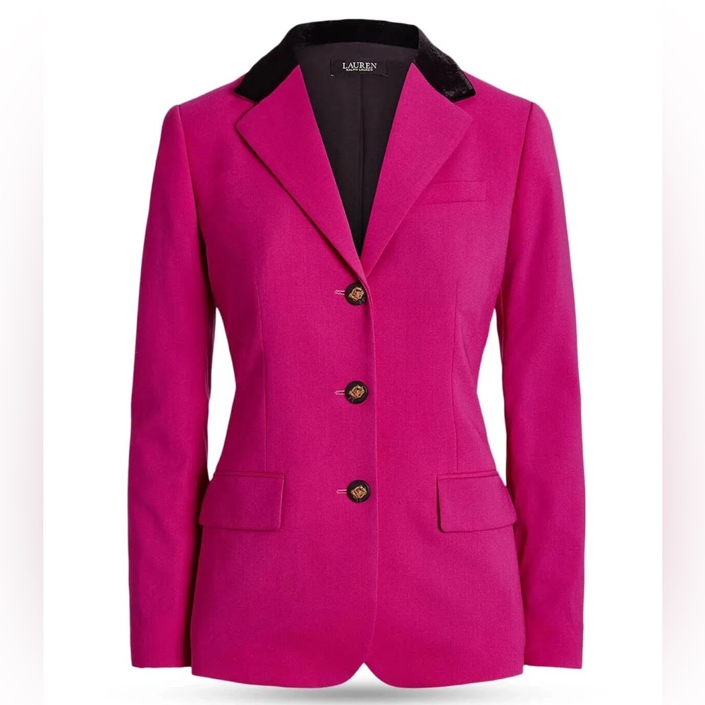 NWT Lauren Ralph Lauren Fuchsia Wool Crepe Blazer With Black Velvet Collar Sz 10